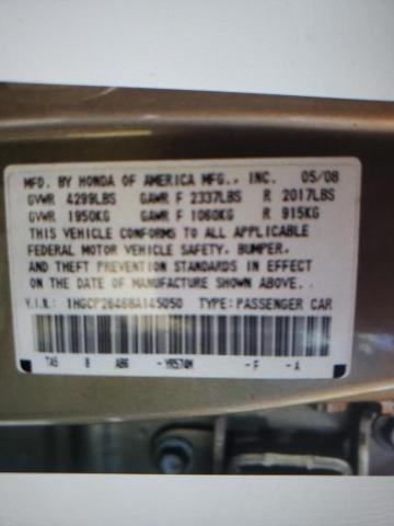 1HGCP26468A145050 - 2008 HONDA ACCORD LXP BEIGE photo 10