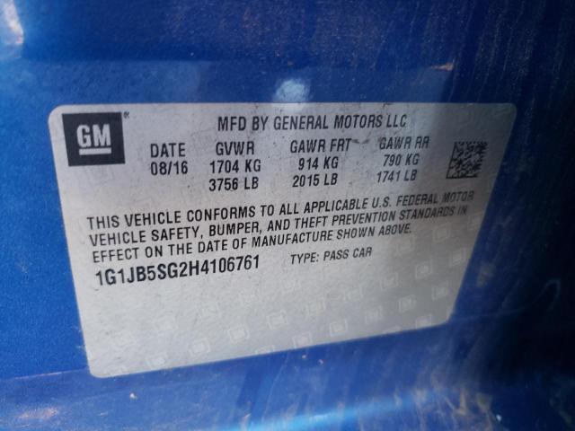 1G1JB5SG2H4106761 - 2017 CHEVROLET SONIC LS BLUE photo 10