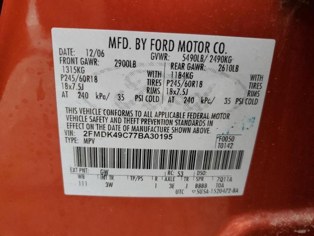 2FMDK49C77BA30195 - 2007 FORD EDGE SEL P ORANGE photo 10