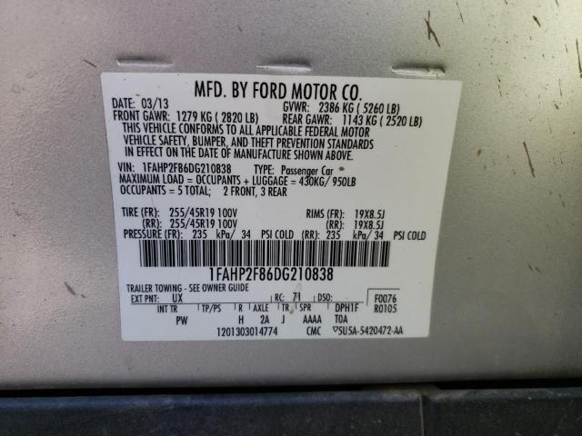 1FAHP2F86DG210838 - 2013 FORD TAURUS LIM SILVER photo 10