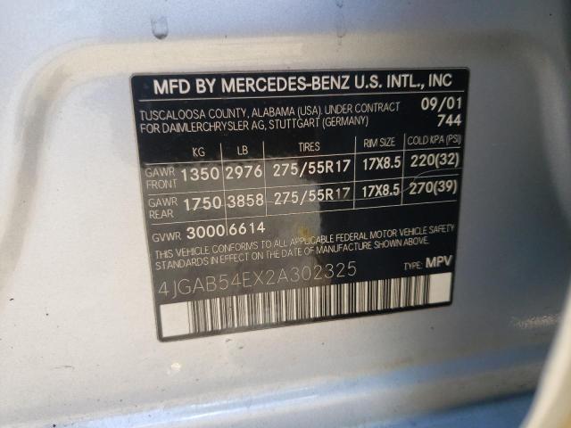 4JGAB54EX2A302325 - 2002 MERCEDES-BENZ ML 320 SILVER photo 10