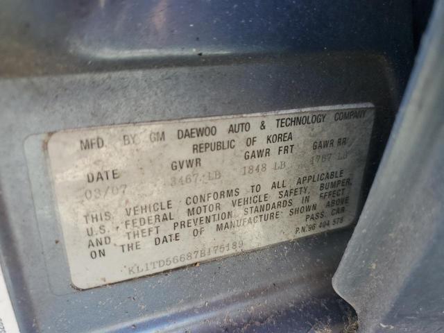 KL1TD56687B175189 - 2007 CHEVROLET AVEO BASE BLUE photo 10