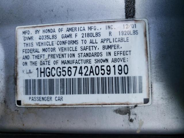 1HGCG56742A059190 - 2002 HONDA ACCORD SE SILVER photo 10