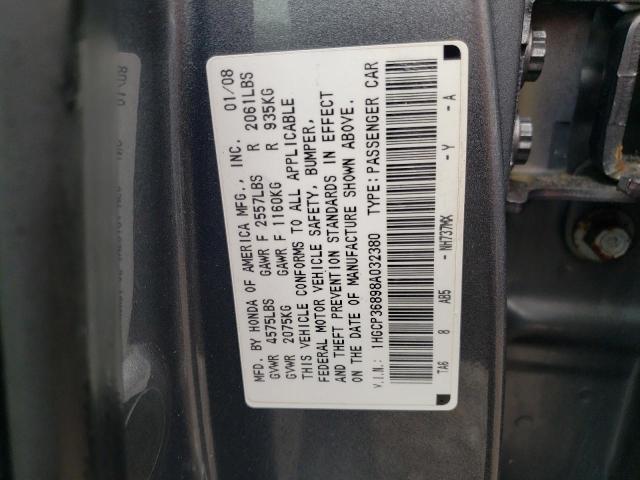 1HGCP36898A032380 - 2008 HONDA ACCORD EXL GRAY photo 10