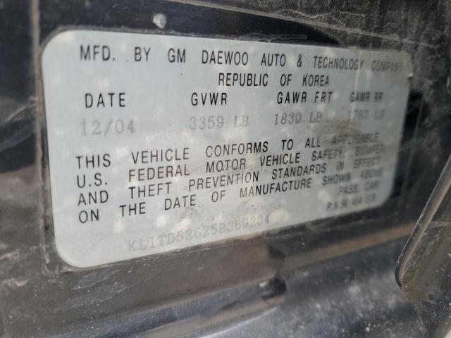 KL1TD52625B369204 - 2005 CHEVROLET AVEO BASE BLACK photo 10