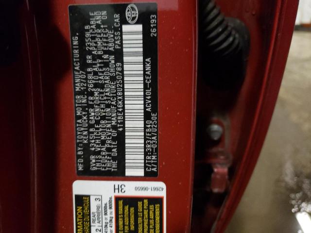 4T1BE46KX8U250789 - 2008 TOYOTA CAMRY CE RED photo 10