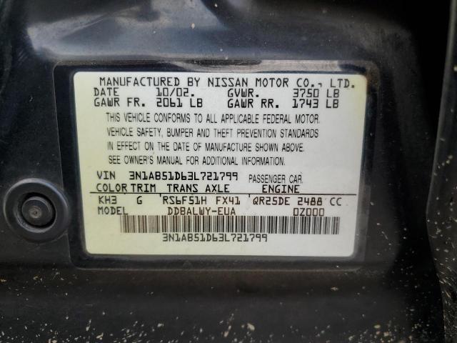 3N1AB51D63L721799 - 2003 NISSAN SENTRA SE- BLACK photo 10