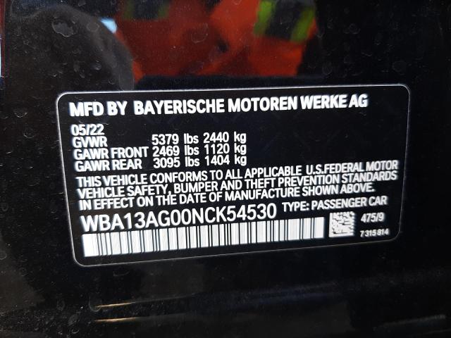 WBA13AG00NCK54530 - 2022 BMW 530E BLACK photo 13