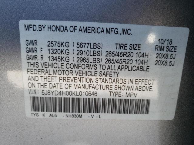 5J8YD4H00KL010646 - 2019 ACURA MDX A-SPEC GRAY photo 10