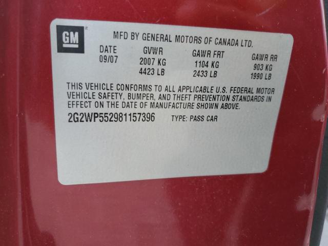 2G2WP552981157396 - 2008 PONTIAC GRAND PRIX ბურგუნდია ფოტო 10