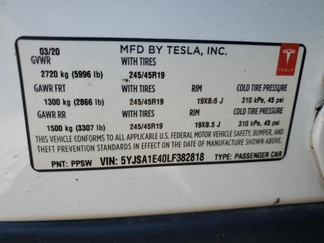 5YJSA1E40LF382818 - 2020 TESLA MODEL S WHITE photo 10