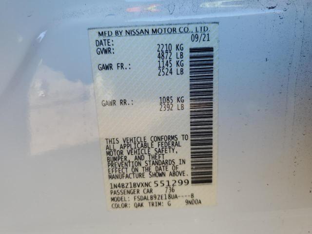 1N4BZ1BVXNC551299 - 2022 NISSAN LEAF S PLU WHITE photo 10