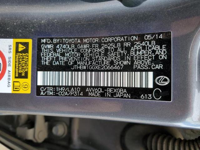 JTHBW1GGXE2066467 - 2014 LEXUS ES 300H GRAY photo 10