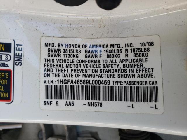 1HGFA46589L000469 - 2009 HONDA CIVIC GX WHITE photo 10