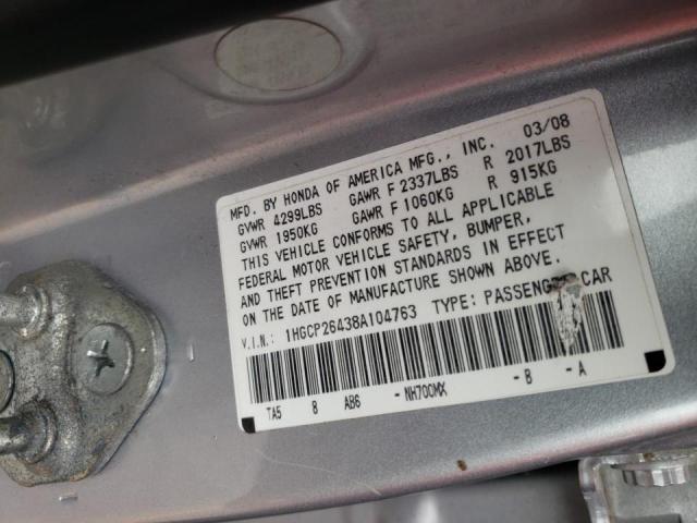 1HGCP26438A104763 - 2008 HONDA ACCORD LXP GRAY photo 10