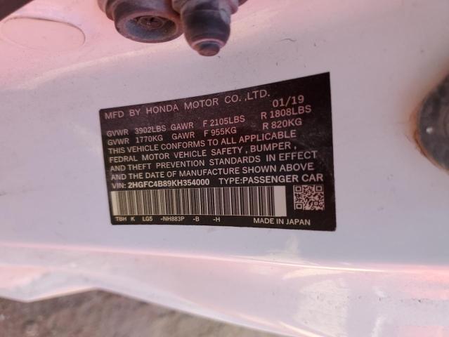 2HGFC4B89KH354000 - 2019 HONDA CIVIC SPOR Weiß Foto 10