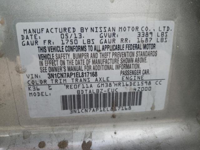 3N1CN7AP1EL817168 - 2014 NISSAN VERSA S/S SILVER photo 10