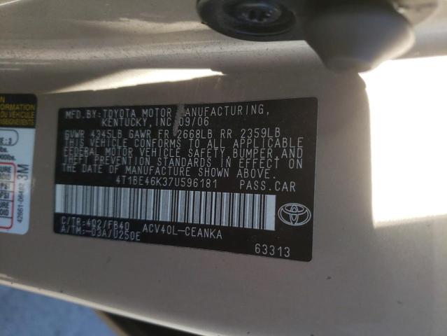 4T1BE46K37U596181 - 2007 TOYOTA CAMRY CE GOLD photo 10