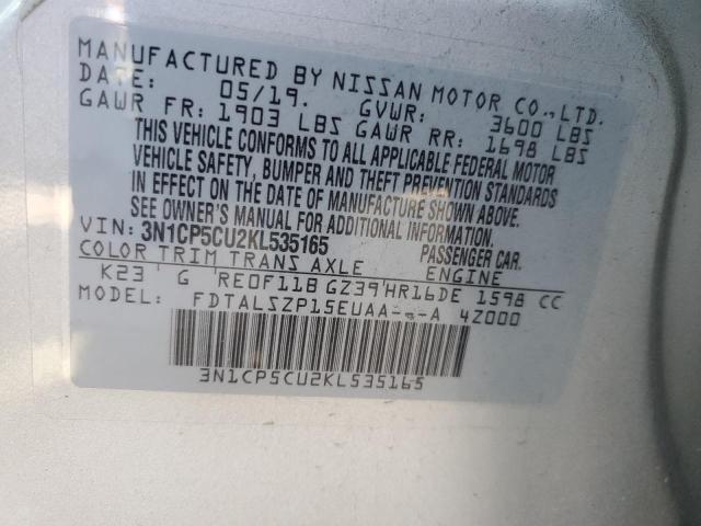 3N1CP5CU2KL535165 - 2019 NISSAN KICKS S SILVER photo 10