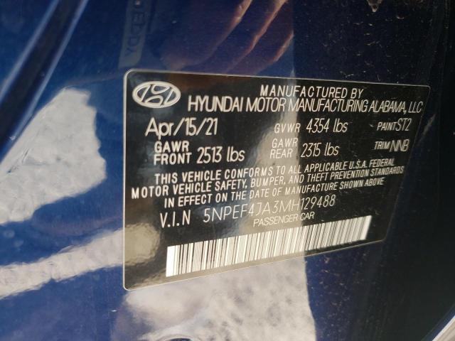 5NPEF4JA3MH129488 - 2021 HYUNDAI SONATA SEL BLUE photo 10