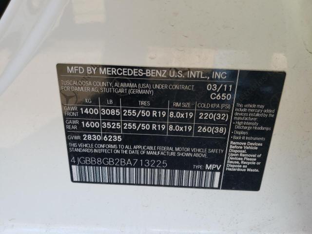 4JGBB8GB2BA713225 - 2011 MERCEDES-BENZ ML 350 4MA WHITE photo 10