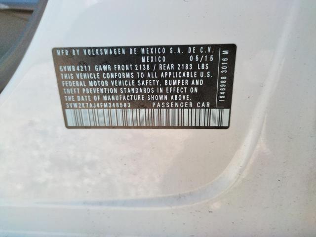 3VW2K7AJ4FM348583 - 2015 VOLKSWAGEN JETTA BASE 白色 照片 10