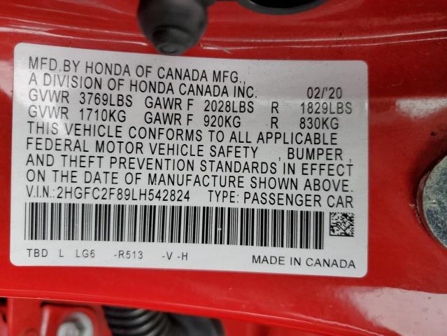 2HGFC2F89LH542824 - 2020 HONDA CIVIC SPOR 红色 照片 10