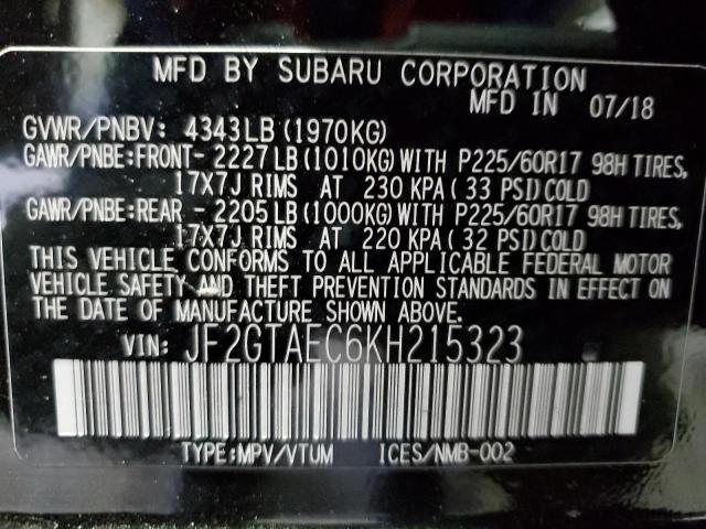 JF2GTAEC6KH215323 - 2019 SUBARU CROSSTREK BLACK photo 10