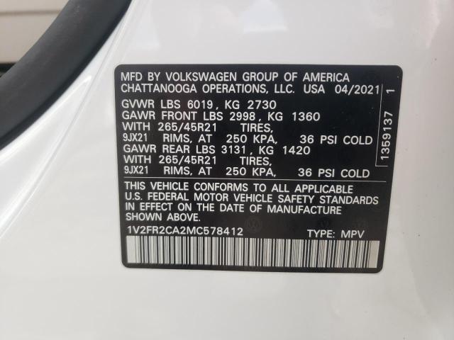 1V2FR2CA2MC578412 - 2021 VOLKSWAGEN ATLAS SEL WHITE photo 10