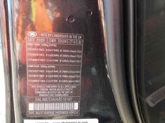 SALAM2D44AA519140 - 2010 LAND ROVER LR4 HSE PL BLACK photo 10