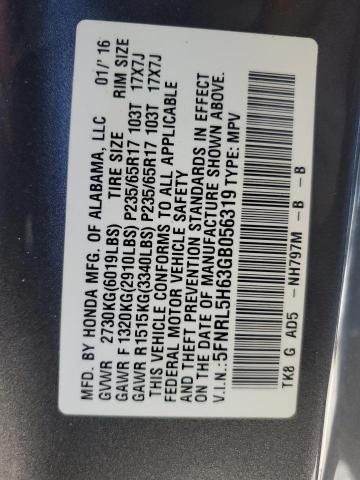 5FNRL5H63GB056319 - 2016 HONDA ODYSSEY EX GRAY photo 10