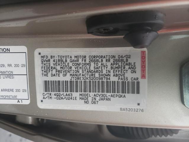 JTDBE32K520098794 - 2002 TOYOTA CAMRY L/LE BEIGE photo 10