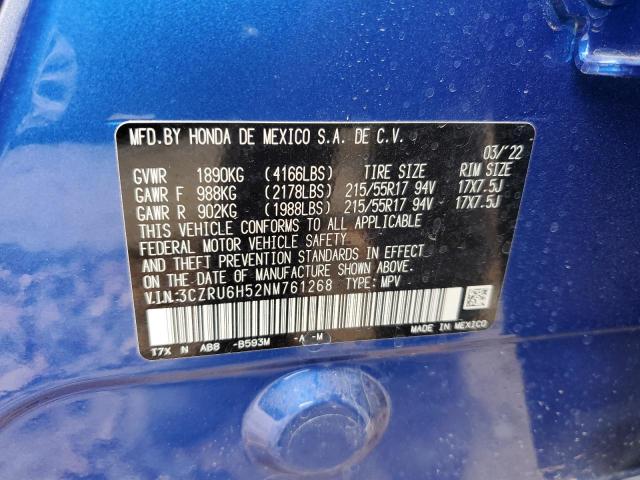 3CZRU6H52NM761268 - 2022 HONDA HR-V EX BLUE photo 10