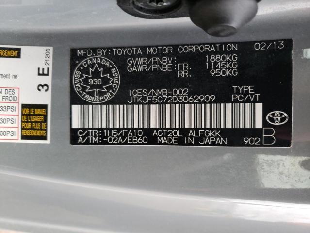 JTKJF5C72D3062909 - 2013 TOYOTA SCION TC 灰色 照片 10