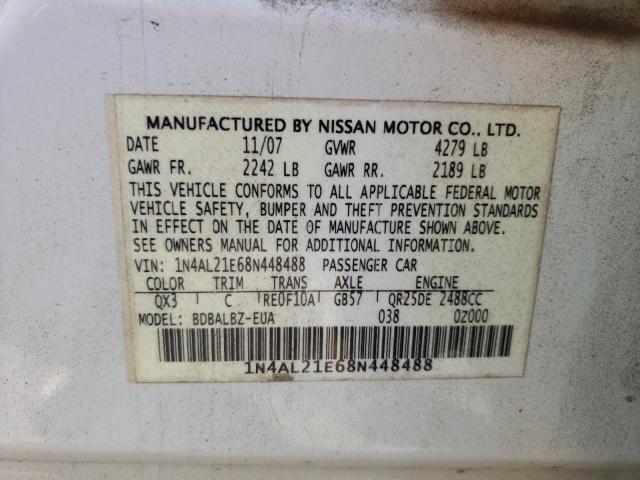 1N4AL21E68N448488 - 2008 NISSAN ALTIMA 2.5 WHITE photo 10