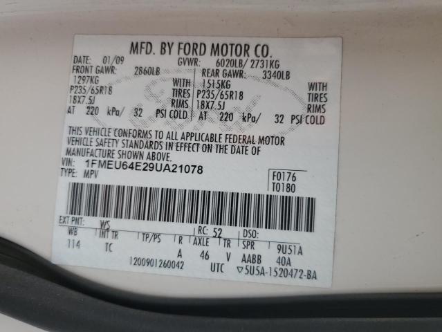 1FMEU64E29UA21078 - 2009 FORD EXPLORER E WHITE photo 10