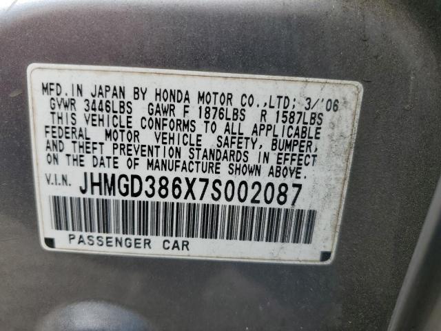 JHMGD386X7S002087 - 2007 HONDA FIT S 银色 照片 10