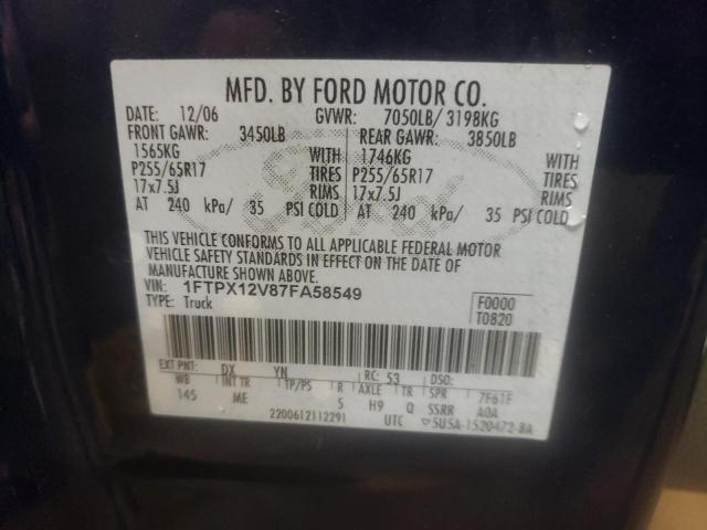 1FTPX12V87FA58549 - 2007 FORD F150 BLUE photo 10