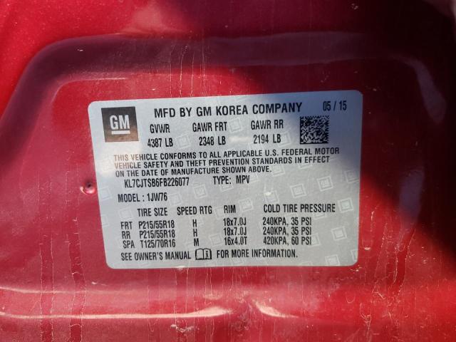 KL7CJTSB6FB226077 - 2015 CHEVROLET TRAX LTZ RED photo 10