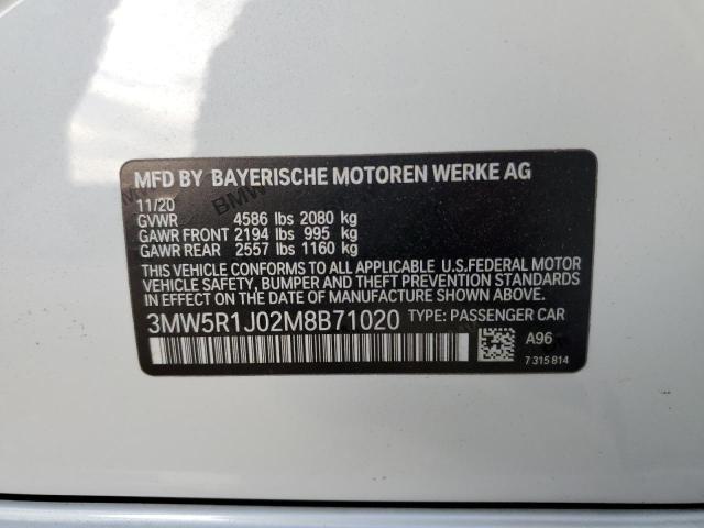 3MW5R1J02M8B71020 - 2021 BMW 330I WHITE photo 10