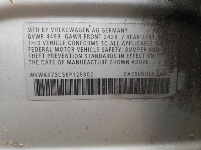 WVWAK73C36P129802 - 2006 VOLKSWAGEN PASSAT SILVER photo 10