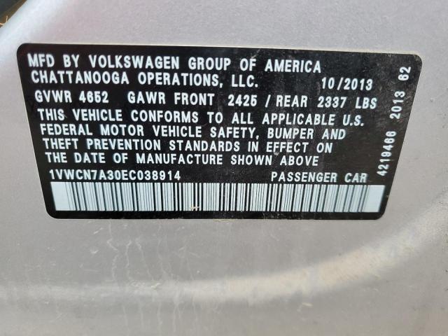 1VWCN7A30EC038914 - 2014 VOLKSWAGEN PASSAT SEL SILVER photo 10