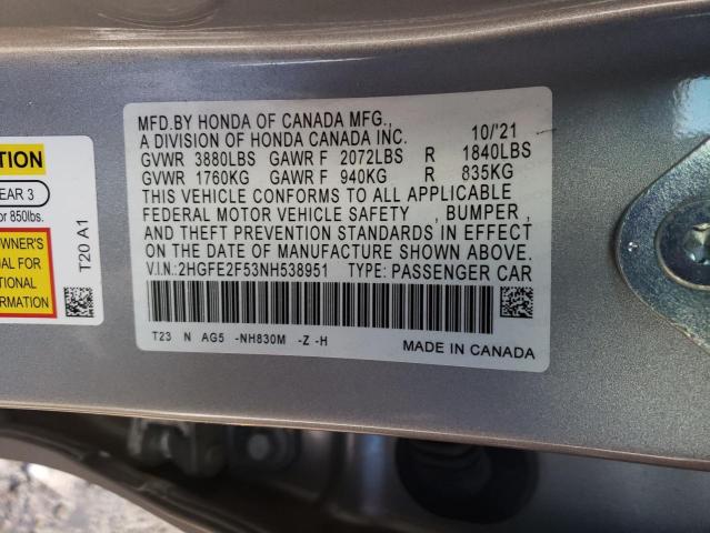 2HGFE2F53NH538951 - 2022 HONDA CIVIC SPOR SILVER photo 10