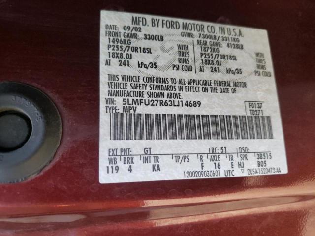 5LMFU27R63LJ14689 - 2003 LINCOLN NAVIGATOR ბურგუნდია ფოტო 10