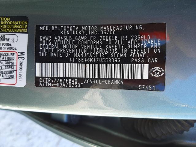 4T1BE46K47U558393 - 2007 TOYOTA CAMRY CE GREEN photo 10