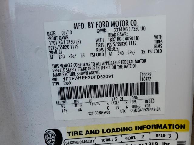 1FTFW1EF2DFD52091 - 2013 FORD F150 SUPER WHITE photo 10