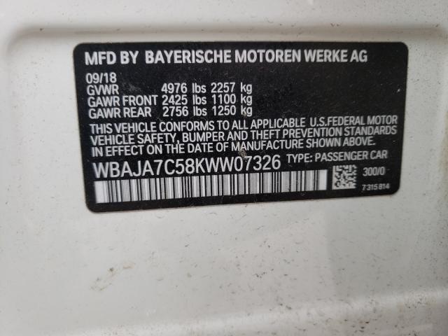 WBAJA7C58KWW07326 - 2019 BMW 530 XI WHITE photo 10