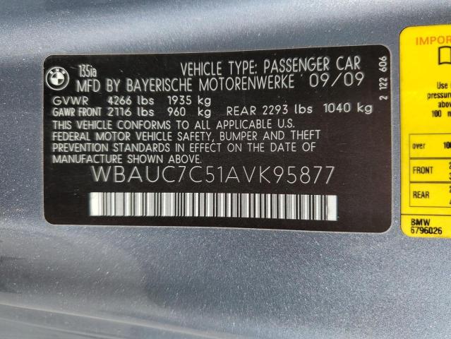 WBAUC7C51AVK95877 - 2010 BMW 135 I SILVER photo 10