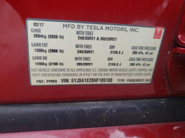 5YJSA1E28HF185188 - 2017 TESLA MODEL S Burdeos foto 10