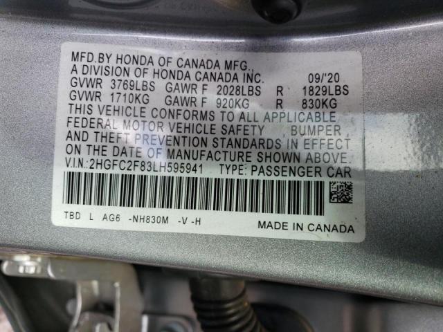 2HGFC2F83LH595941 - 2020 HONDA CIVIC SPOR SILVER photo 10